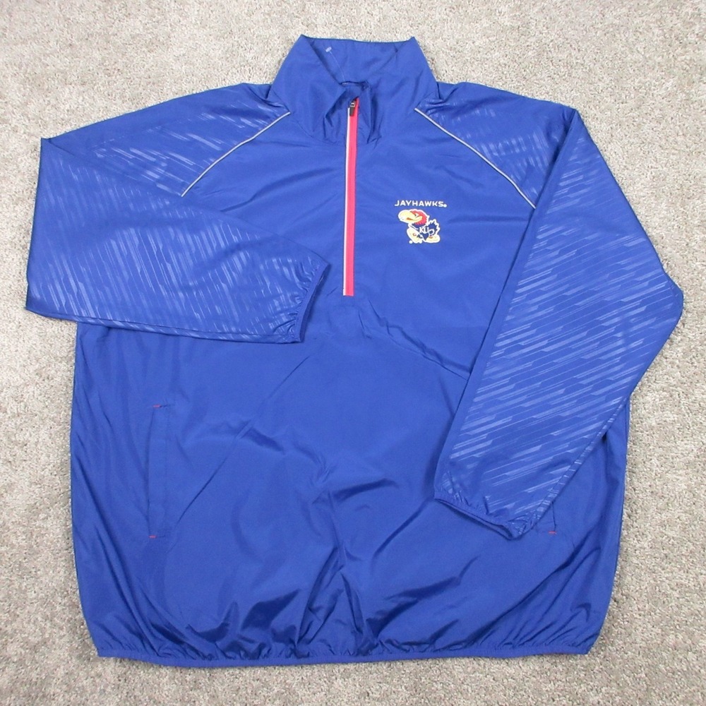 Kansas Jayhawks Jacket Mens 5XL Blue 1/4 Zip Pullover Windbreaker Coat Logo EUC